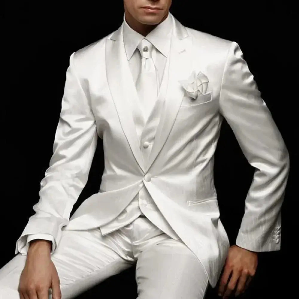 Men's White Slim 3-Piece Satin Wedding Tuxedo, Jacket Pants and Vest