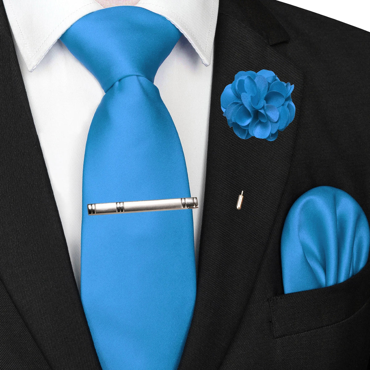 Men's Solid Color Tie Set with Lapel Pin and Pocket Square