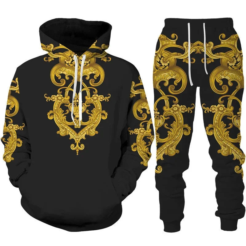 Men's Baroque Golden Flower 3D Print Hoodie and Trousers Set