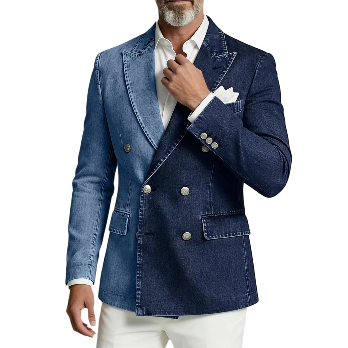 Men's Spliced Denim Peak Lapel Double-Breasted Blazer