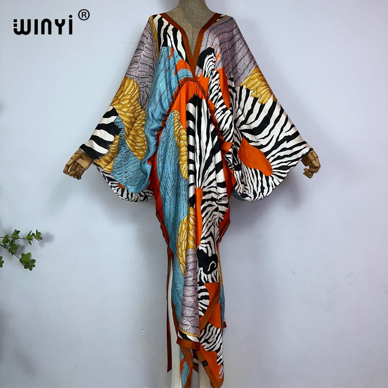 Women's Silk Rayon Print Bohemian V-Neck Beach Maxi Dress