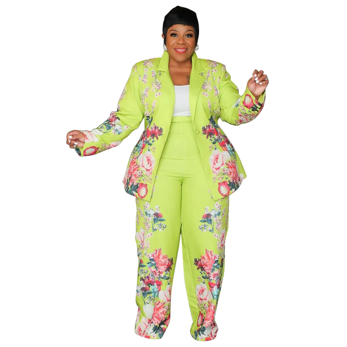 Women's Plus Floral Print Blazer and Wide-Leg Pants Set