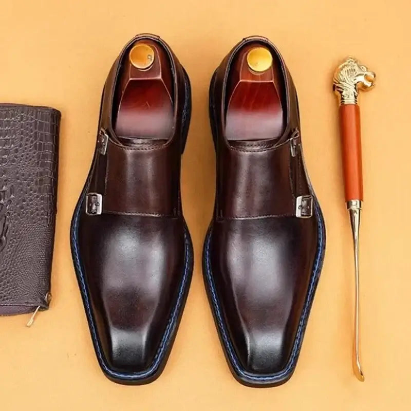 Men's Cowhide Square Toe Double Monk Strap Dress Shoes
