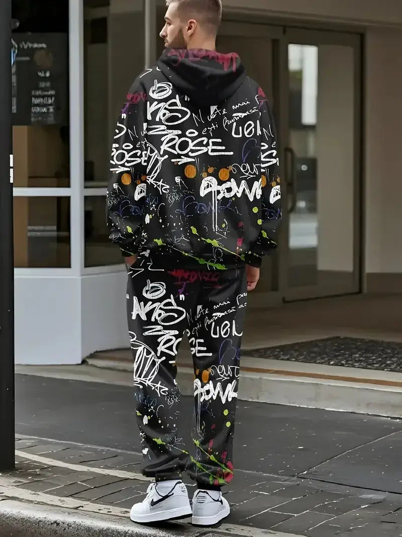 Men's Casual 3D Graffiti Print Hoodie and Pants Set, Spring Autumn