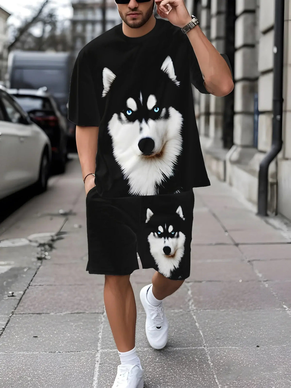 Men's Loose Graffiti-Print Crew-Neck Short-Sleeve T-Shirt and Shorts Set