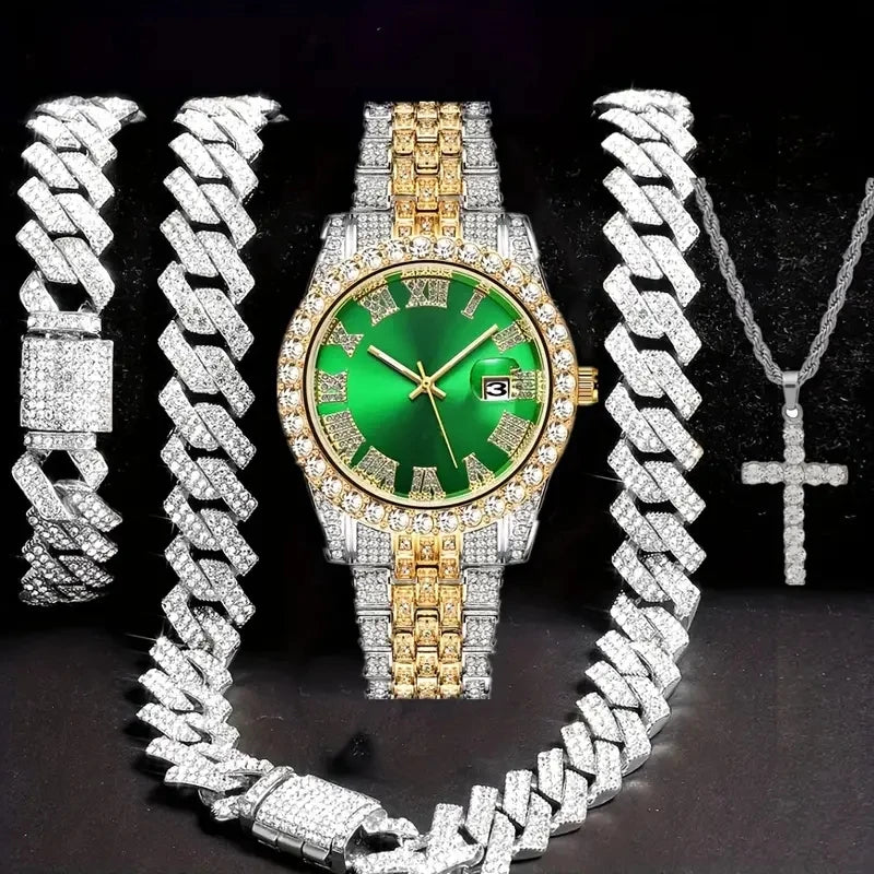 Men's Bling Quartz Watch and Cuban Chain Necklace Set