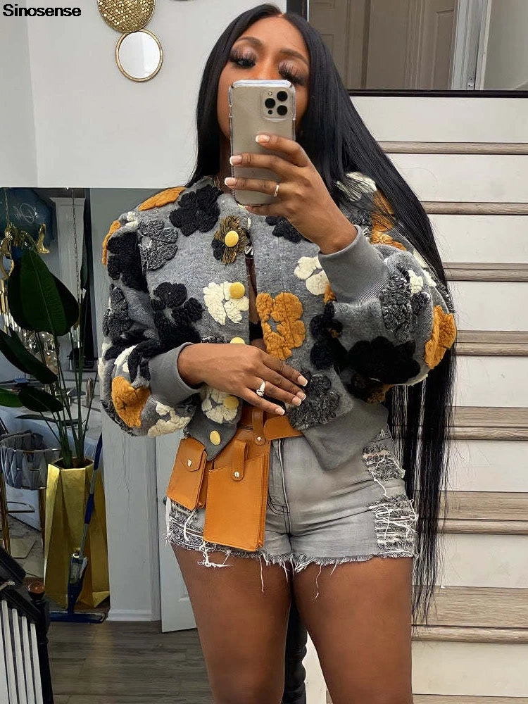 Women's Floral Print Puff-Sleeve Sherpa Fleece Bomber Jacket