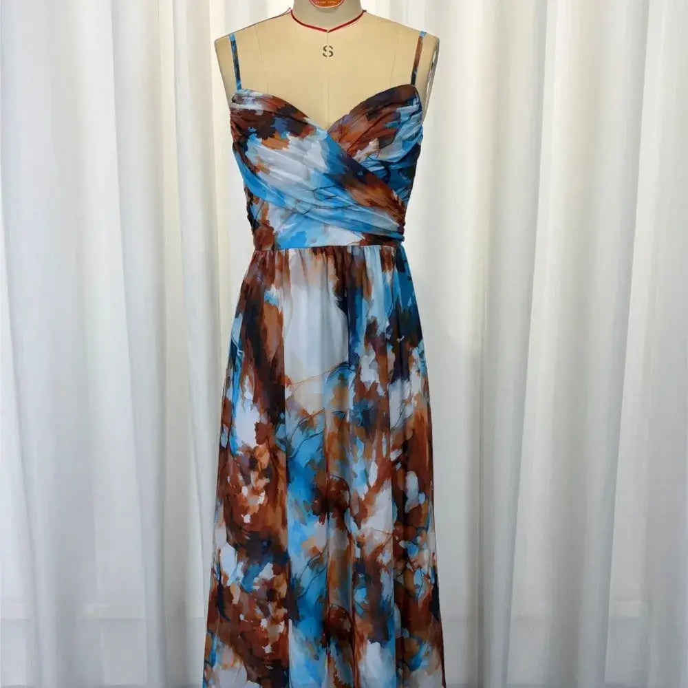 Women's Strap Beach Print Backless Long Dress