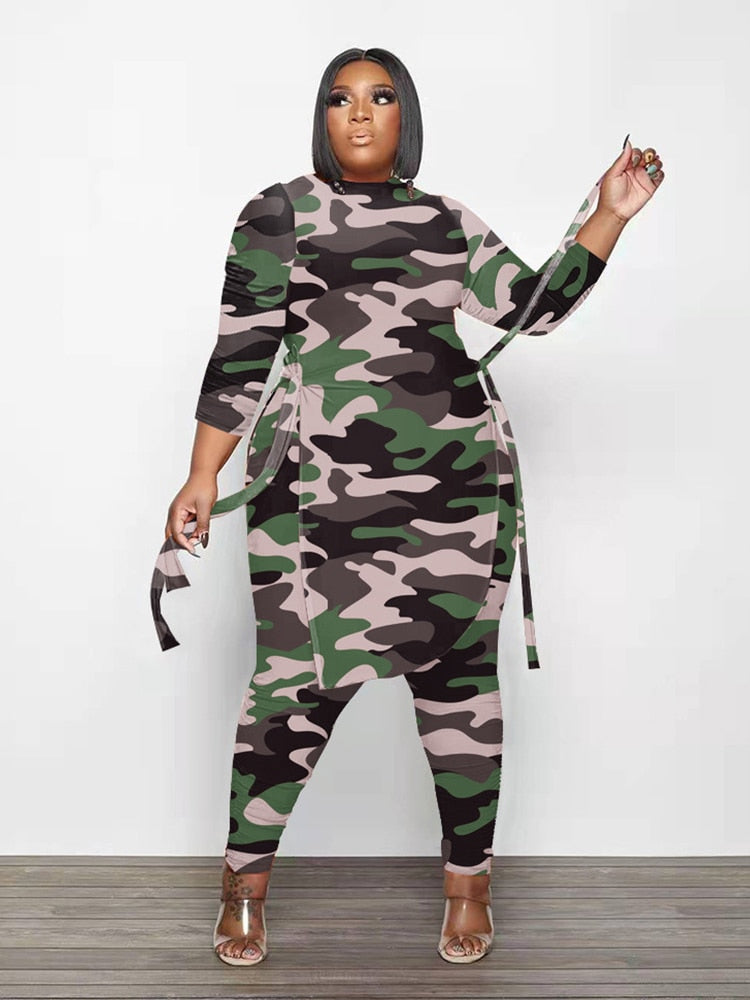 Women's Plus-Size Camo Long-Sleeve Top and Pants Set