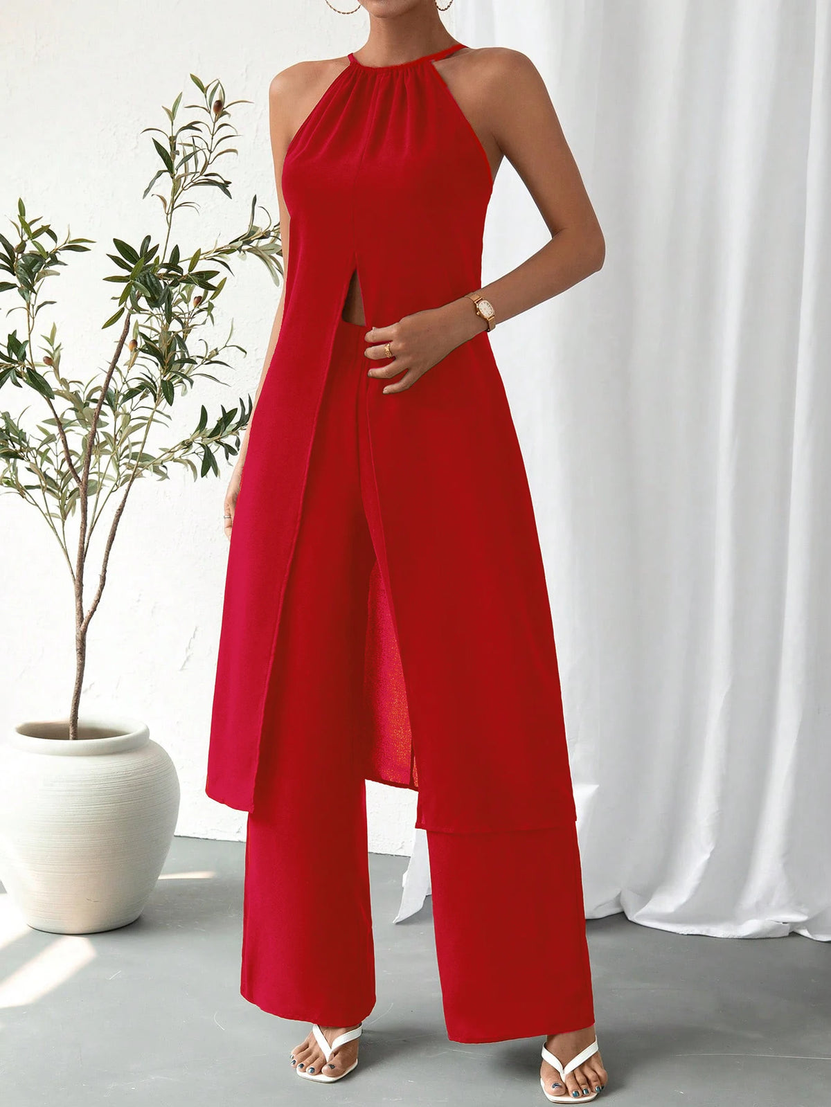 Women's Solid Strap Design Two-Piece Set