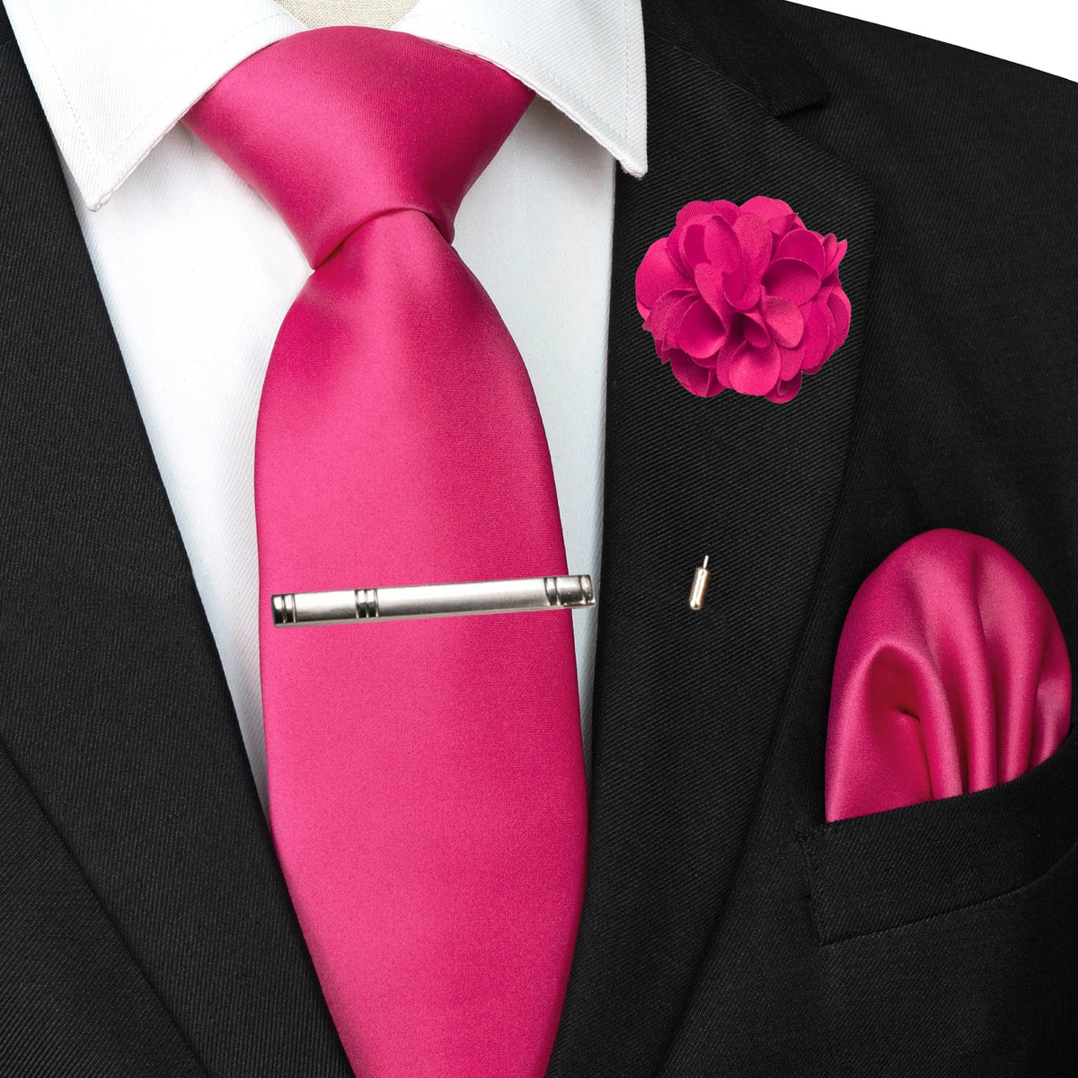 Men's Solid Color Tie Set with Lapel Pin and Pocket Square