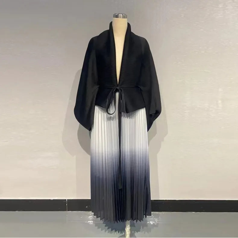 Women's Gradient Pleated Belted Top and A-Line Dress Set