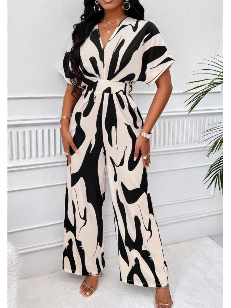Women's V-Neck Short-Sleeve Printed Wide-Leg Jumpsuit