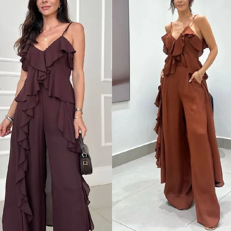 Women's Chiffon V-Neck Ruffle Top and Straight Pants Set