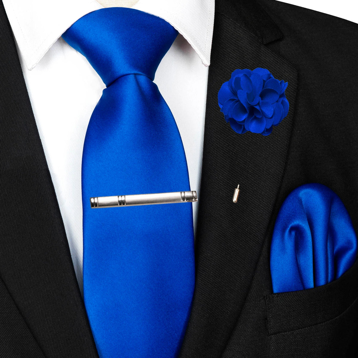 Men's Solid Color Tie Set with Lapel Pin and Pocket Square
