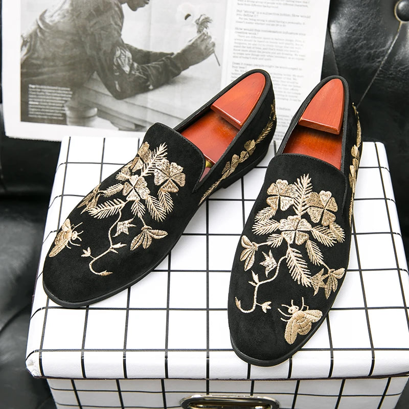 Men's Black Flock Embroidered Slip-On Dress Loafers