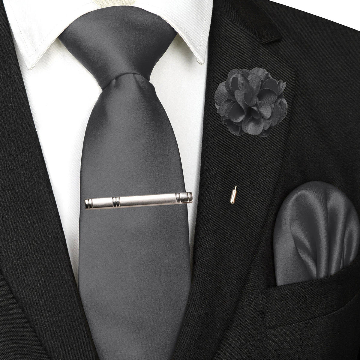 Men's Solid Color Tie Set with Lapel Pin and Pocket Square