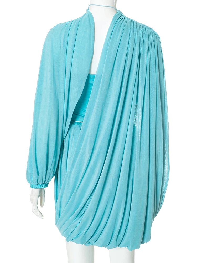 Women's Strapless Shawl Vest and Irregular Pleat Skirt Two-Piece Set