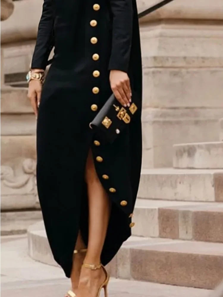 Yeezzi Women's Fashion Buttoned Split-Side High Neck Black Dress New Long Sleeves Loose Urban Office Commute Maxi Dresses