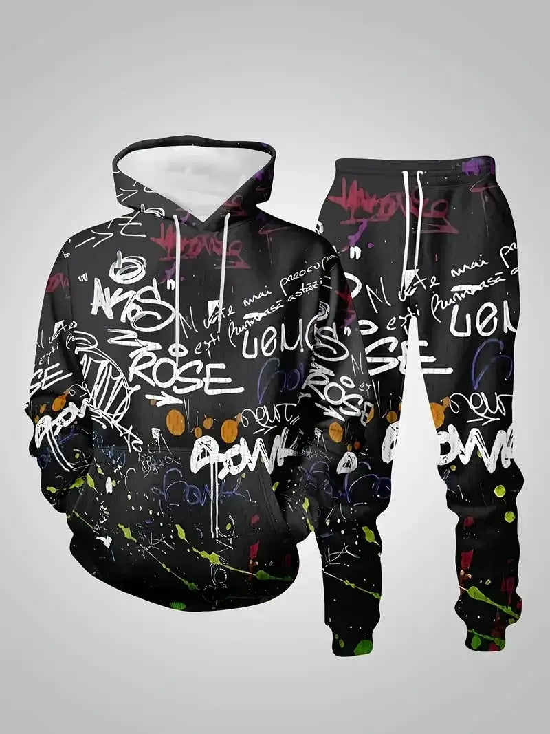 Men's Casual 3D Graffiti Print Hoodie and Pants Set, Spring Autumn