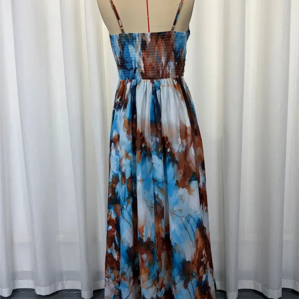 Women's Strap Beach Print Backless Long Dress