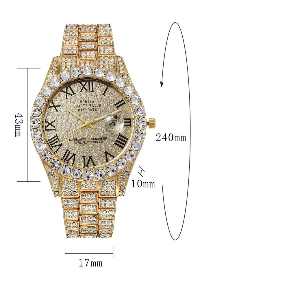 Men's Gold Steel Strap Roman Rhinestone Calendar Quartz Watch
