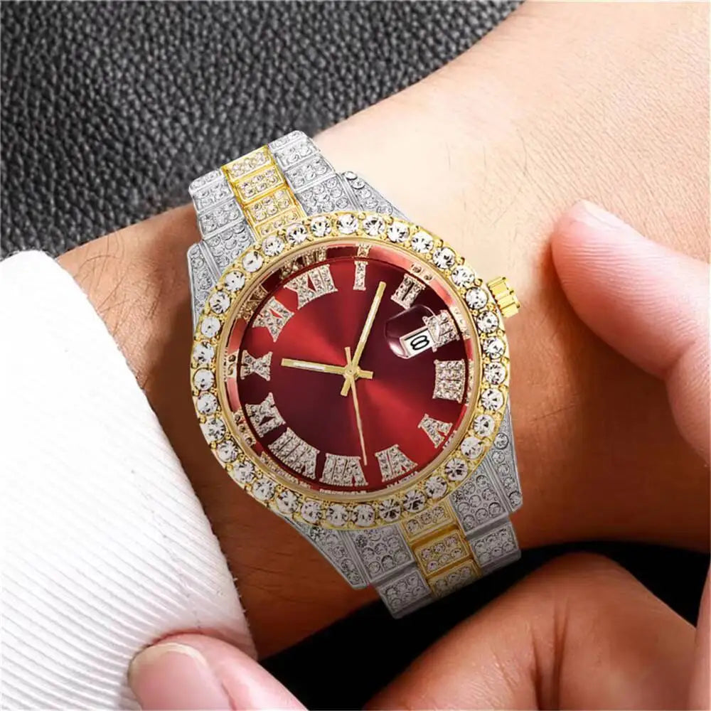 Men's Full Diamond Stainless Steel Quartz Calendar Wristwatch