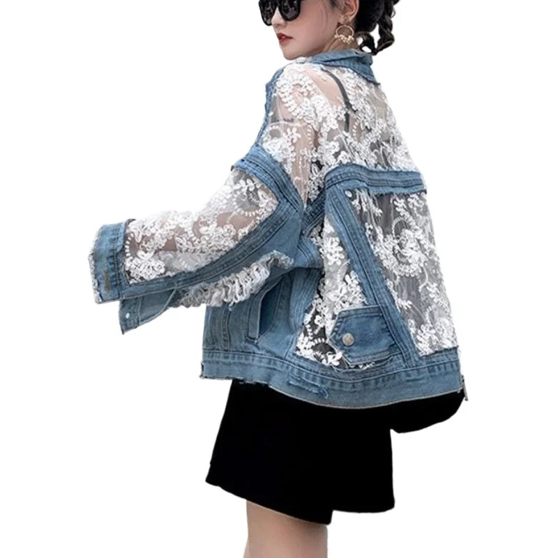 Mesh Embroidery Hole Denim Jacket Summer Lace Stitching Girlish Top