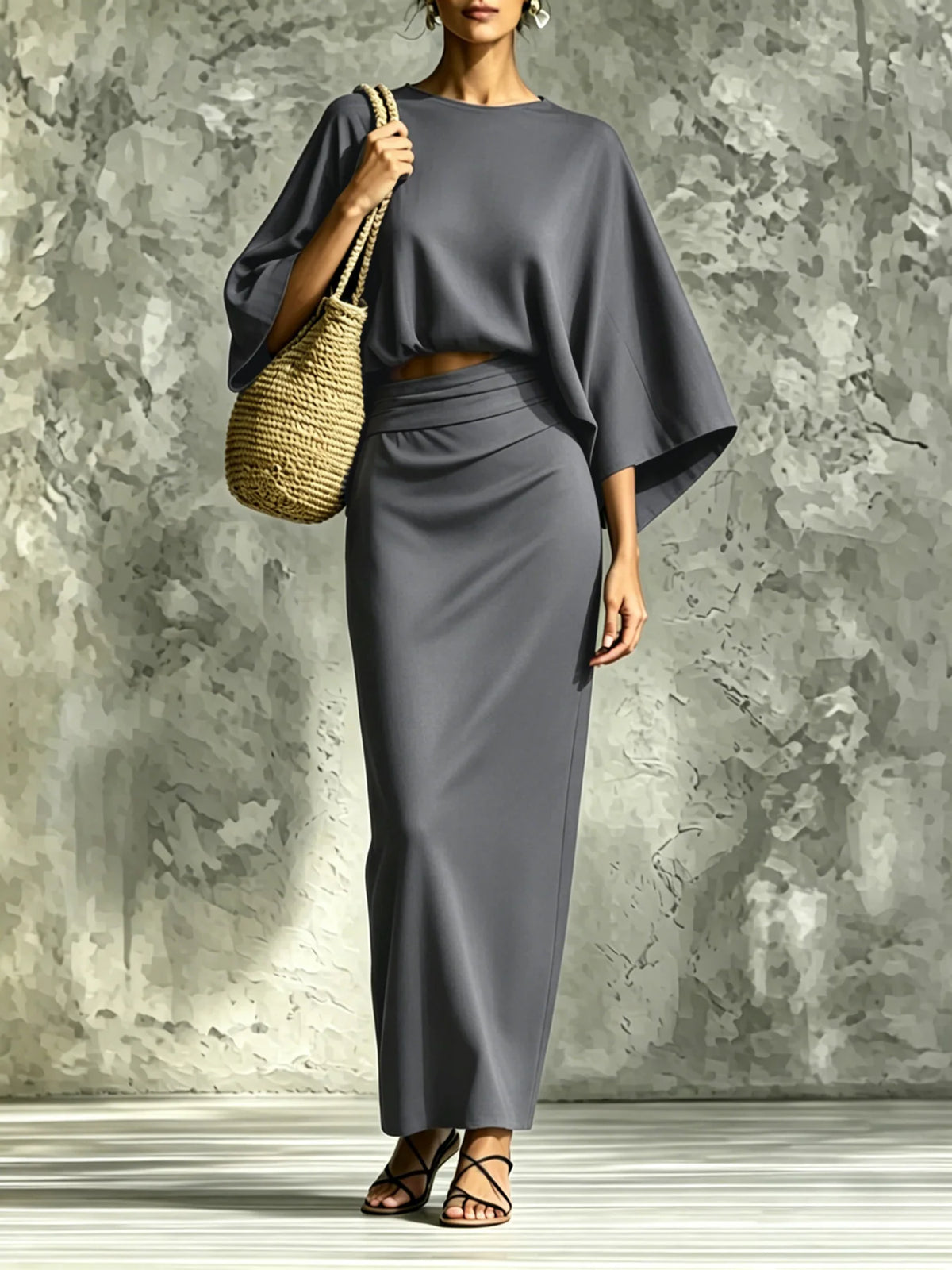 Two-Piece Woman High-Waist Chic Dress Set, Round Neck Three-Quarter Sleeve Short Top and Skirt Set