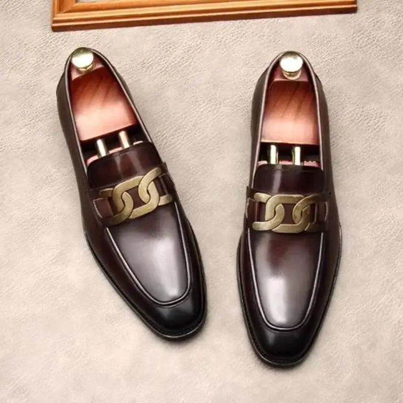 Men's Metal Buckle Genuine Leather Slip-On Wedding Dress Shoes