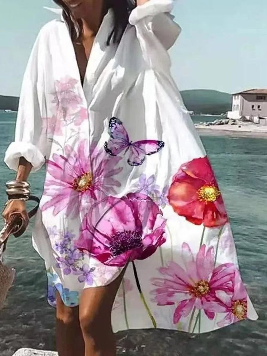 Women's Printed Lapel Long Sleeve Shirt Dress