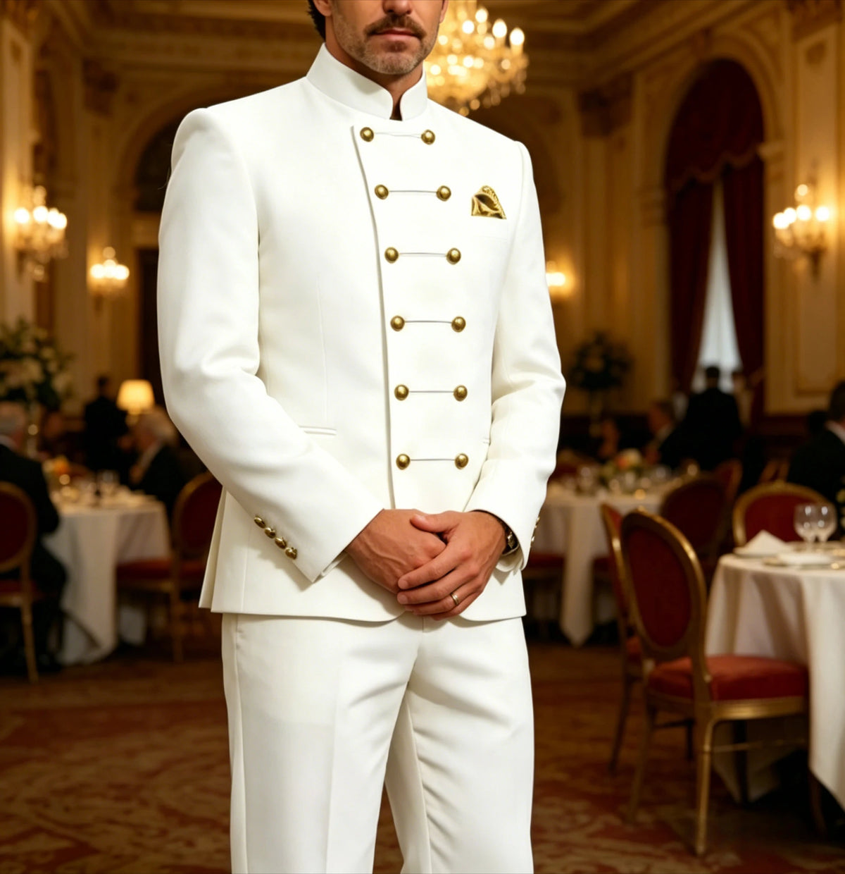 Men's White Straight Two-Piece Jacket and Pants Suit