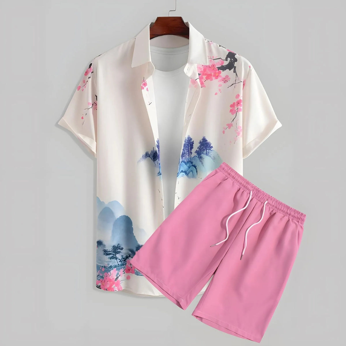 Men's Coconut Print Shirt and Shorts Two-Piece Set