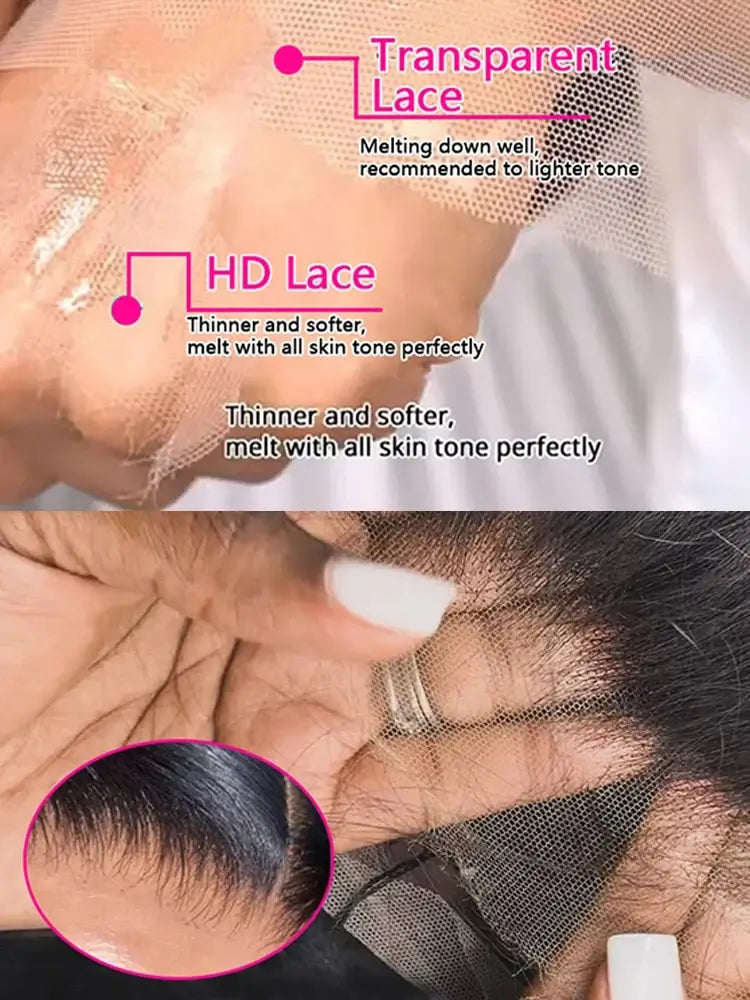 Transparent and HD Lace comparison for 40 46 Inch 200 Density Frontal Wig For Black Women Brazilian Wigs Human Hair 5x5 Bone Straight HD Transparent Lace Front Wigs.