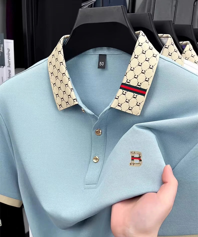 Men's B-Letter Embossed Color-Block Short Sleeve Polo Shirt