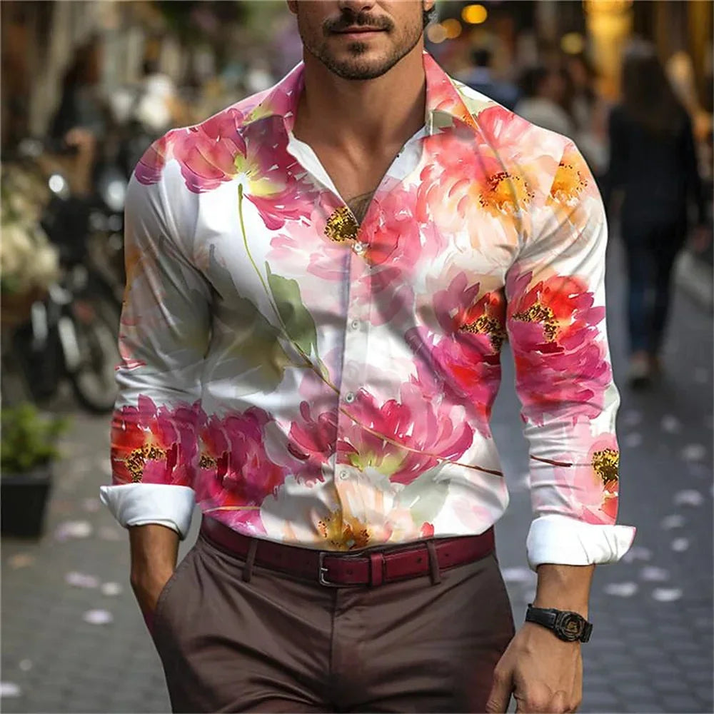 Men's 3D Leaf Print Lapel Long Sleeve Button Shirt