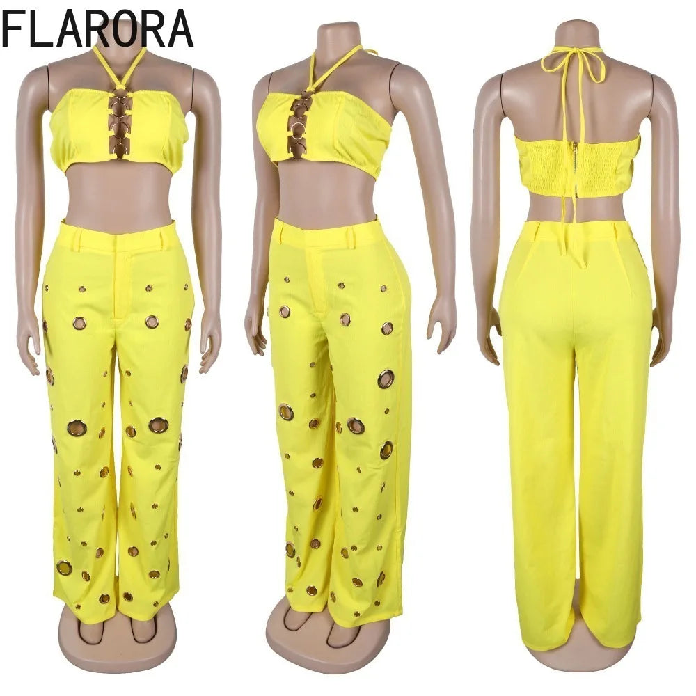 Women's Sequined Halter Top and Wide Leg Pants Set