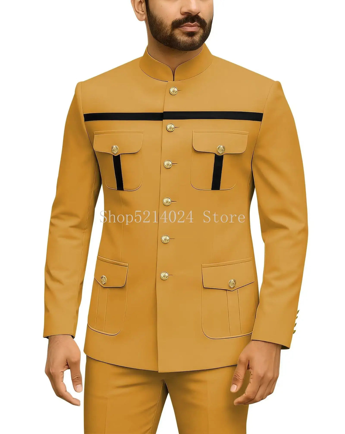Mens Safari Suit 2 Piece Regular Fit Chinese Suit Stand Collar Gold Button Blazer Pants Set African Outfits