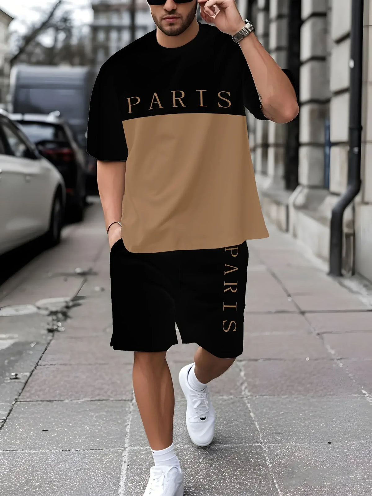 Men's Loose Graffiti-Print Crew-Neck Short-Sleeve T-Shirt and Shorts Set
