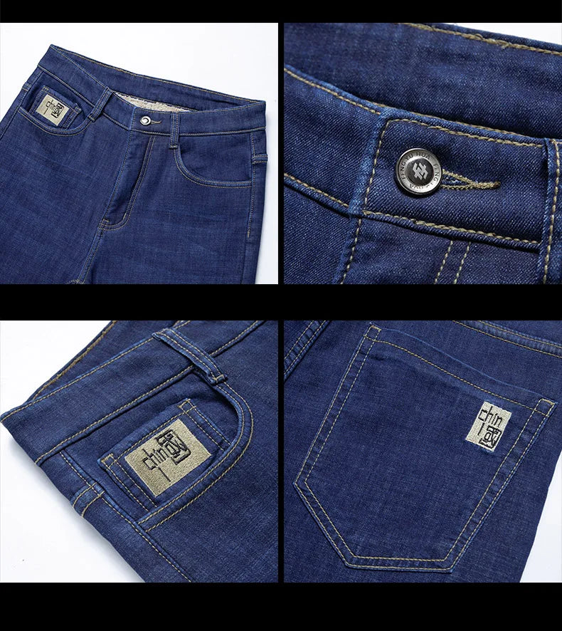 Men's Winter Fleece-Lined Lamb Denim Straight Stretch Jeans, Size 40
