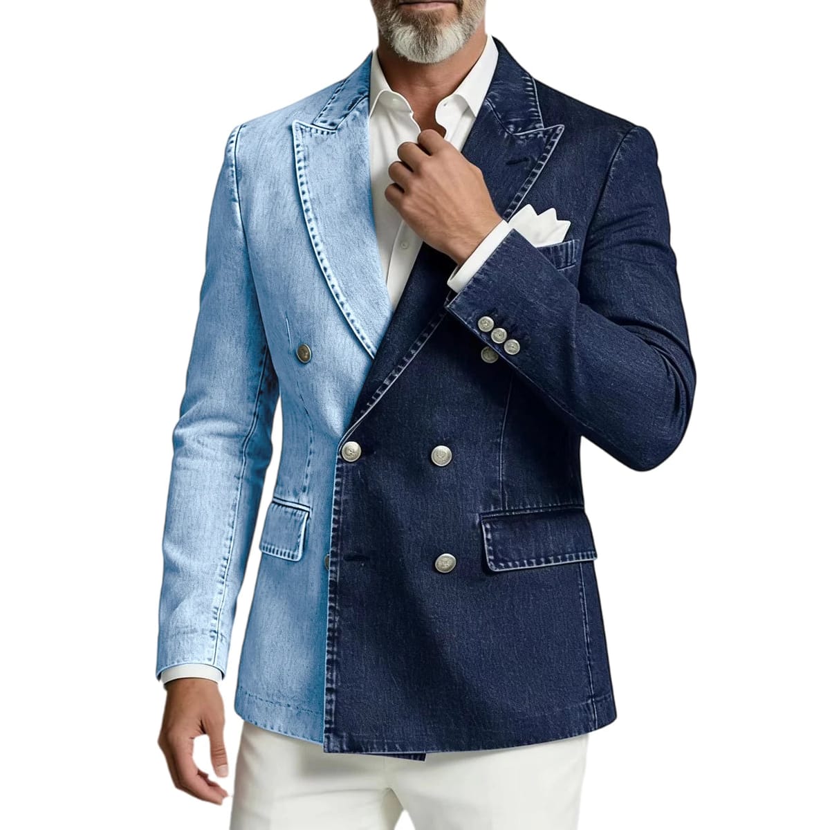 Men's Spliced Denim Peak Lapel Double-Breasted Blazer