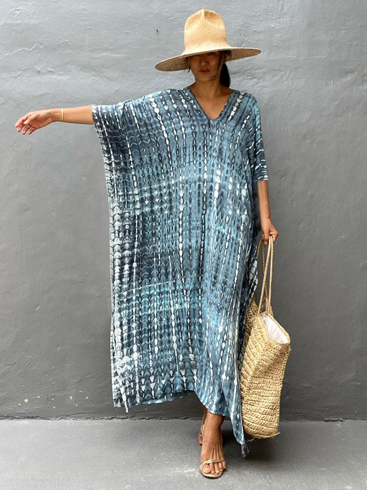 Women's Bohemian Printed V-Neck Batwing Split Maxi Dress