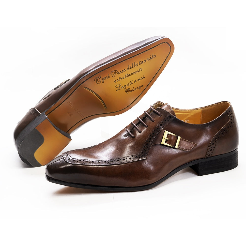 Men's Brown Black Leather Lace-Up Buckle Pointed Oxford Dress Shoes