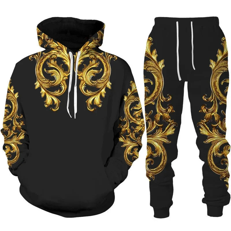 Men's Baroque Golden Flower 3D Print Hoodie and Trousers Set
