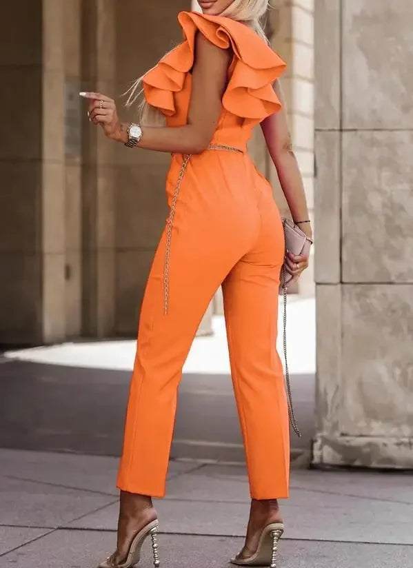 Women's Office Solid Sleeveless Ruffle One Shoulder Jumpsuit