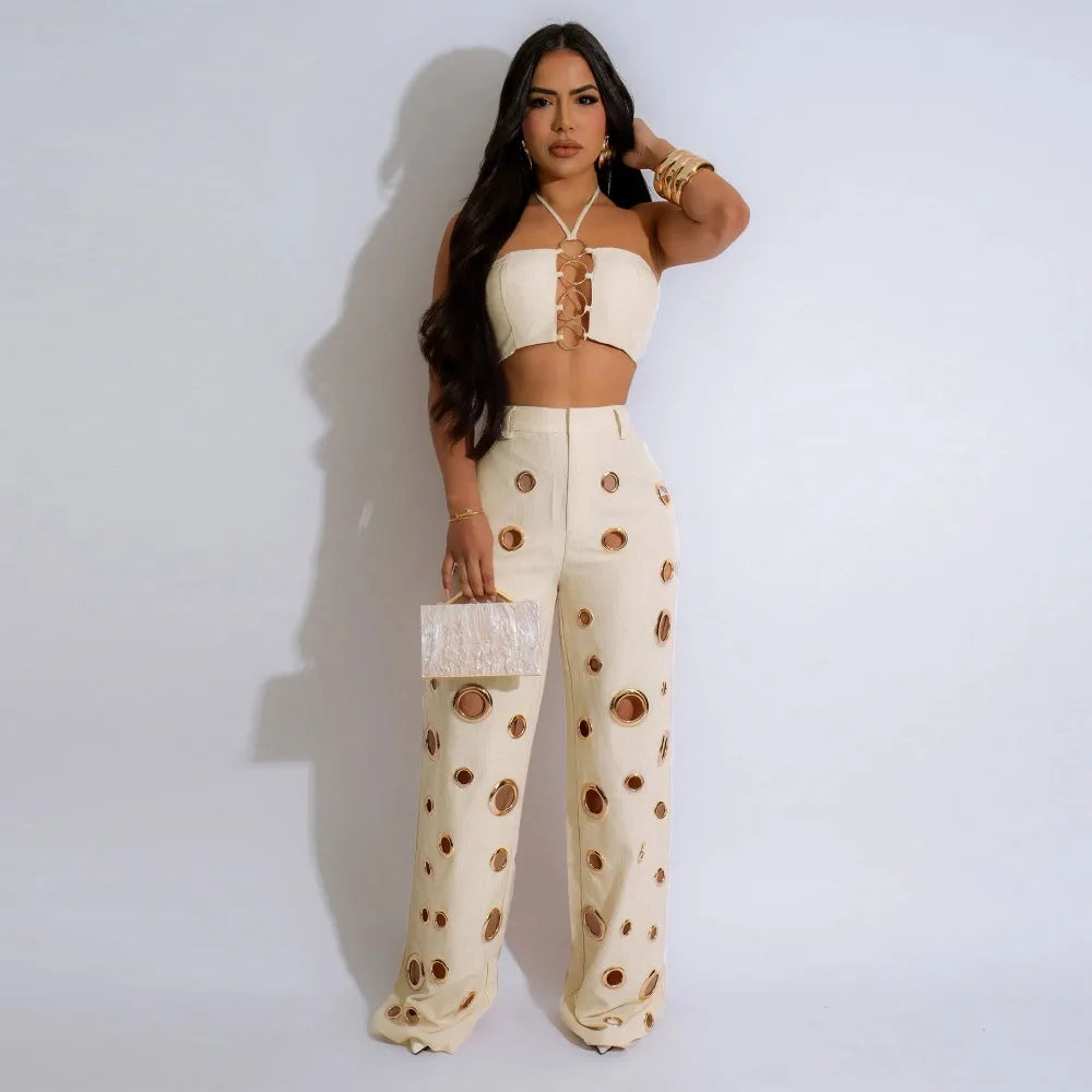 Women's Sequined Halter Top and Wide Leg Pants Set