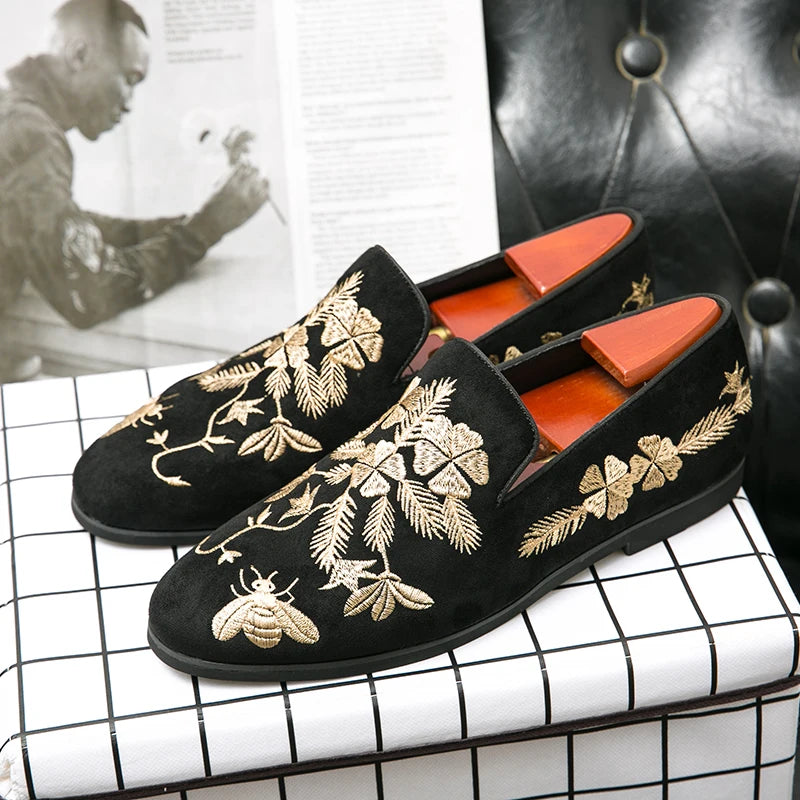 Men's Black Flock Embroidered Slip-On Dress Loafers