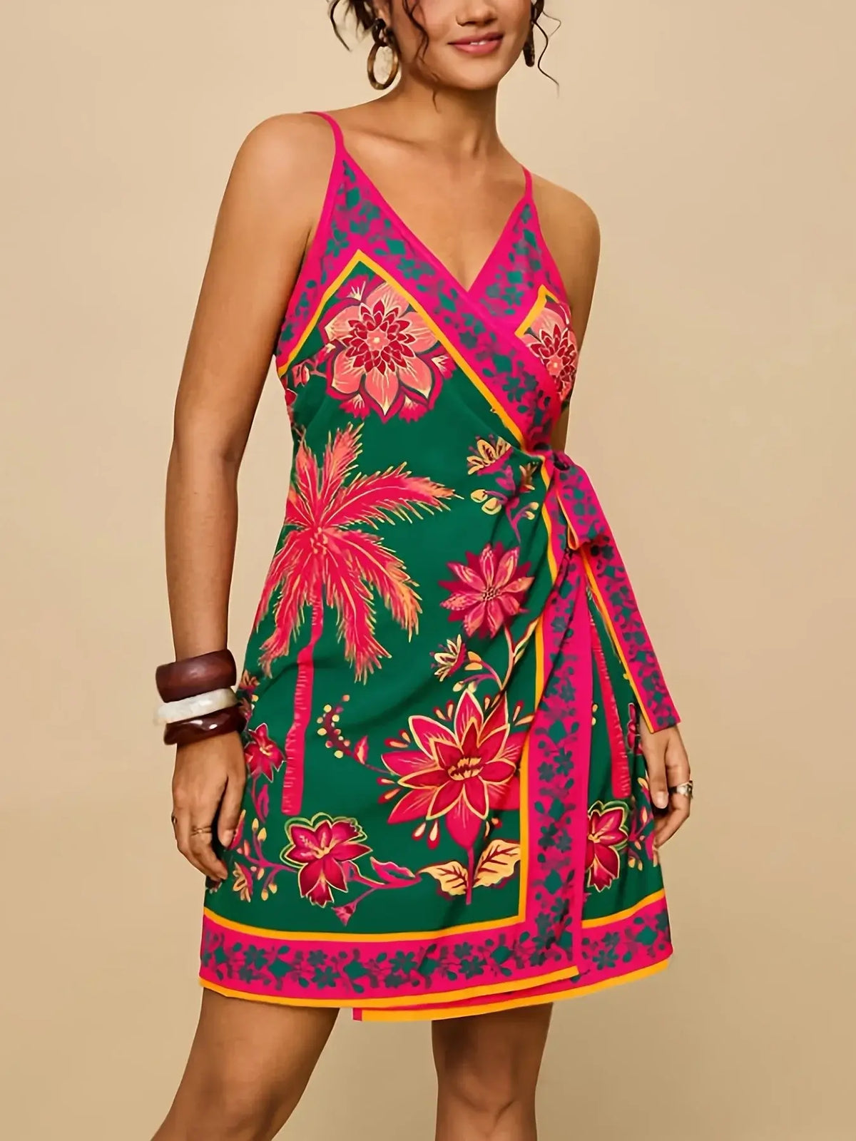 Women's Plus Size Ethnic Print Halter V-Neck Holiday Dress