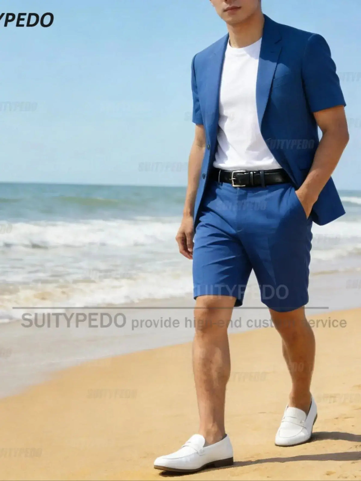 Men's Blue Short Sleeve Blazer and Shorts Suit Set