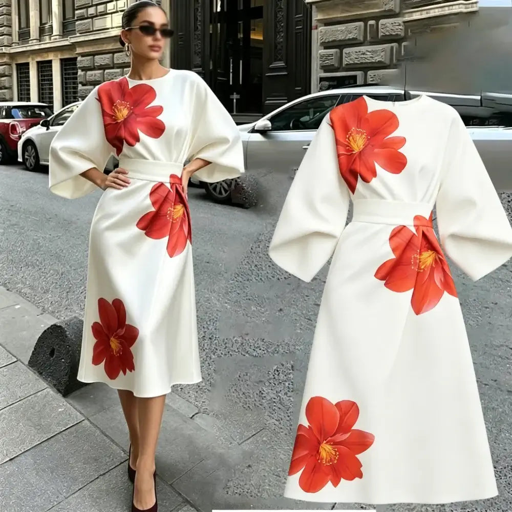 Women's Satin Tie-Dye Puff Sleeve High-Waist Dress